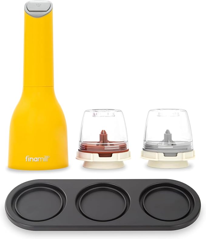FinaMill Classic Battery-Operated Spice Mill Bundle with Black Trio Stackable Tray – One-Handed Grinder with Interchangeable Pods with Adjustable Coarseness - Valentines Day Gifts for Food Lovers