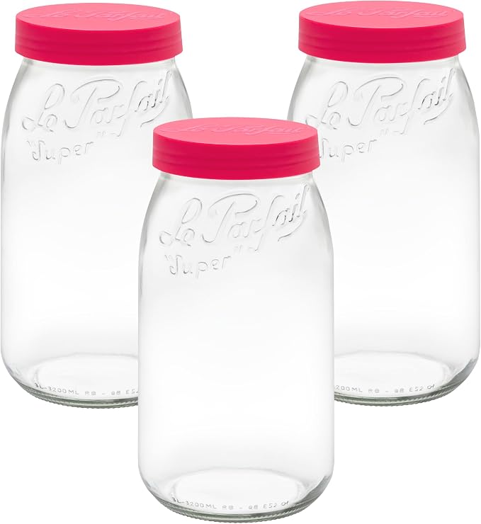 Le Parfait Eco-Friendly Zero Waste Wide Mouth Glass Jar with Airtight Screw Top Lid - Reusable French Storage Jar for Food, Soup, Flour, Sugar, Canning & Baking (3L/96oz, 3 Pack, Raspberry)
