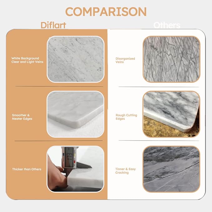 Diflart Natural Marble Stone Cutting Board for Kitchen, 16x20inch, Carrara White, Marble Slab with Non Slip Feets for Pastry, Cheese, Charcuterie, Baking, Rolling Dough, Chocolate Tempering
