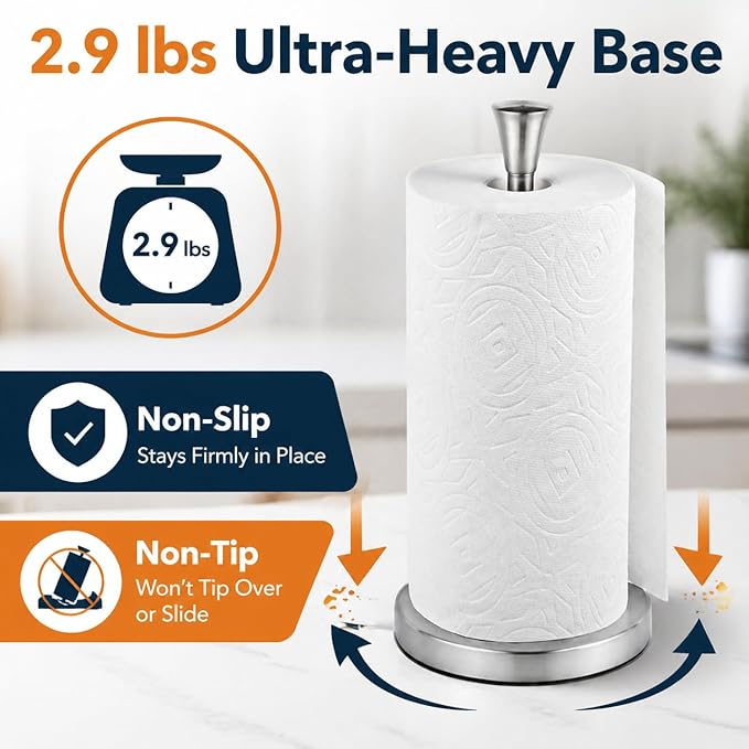 Paper Towel Holder Countertop with Suction Cups - Heavy Duty (2.9 lbs) Stainless Steel Paper Towel Dispenser, One-Hand Tear for Kitchen, Fits Standard & Mega Rolls