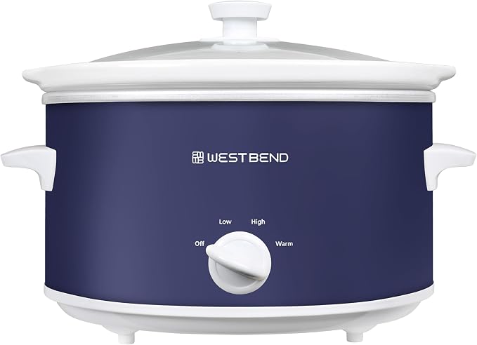 West Bend Slow Cooker 4-Quart Manual Crockery Style with Dishwasher Safe Oval Ceramic Crockpot and Glass Lid Two Temperature Settings Plus Keep Warm, 210-Watts, Navy