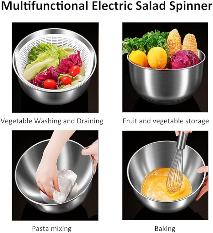 Automatic Electric Salad Spinner, 5L Type-C Rechargeable Lettuce Spinner Stainless Steel Salad Rotator Lettuce Washer and Spinner Dryer for Salad Greens, Lettuce, Fruits and Vegetables