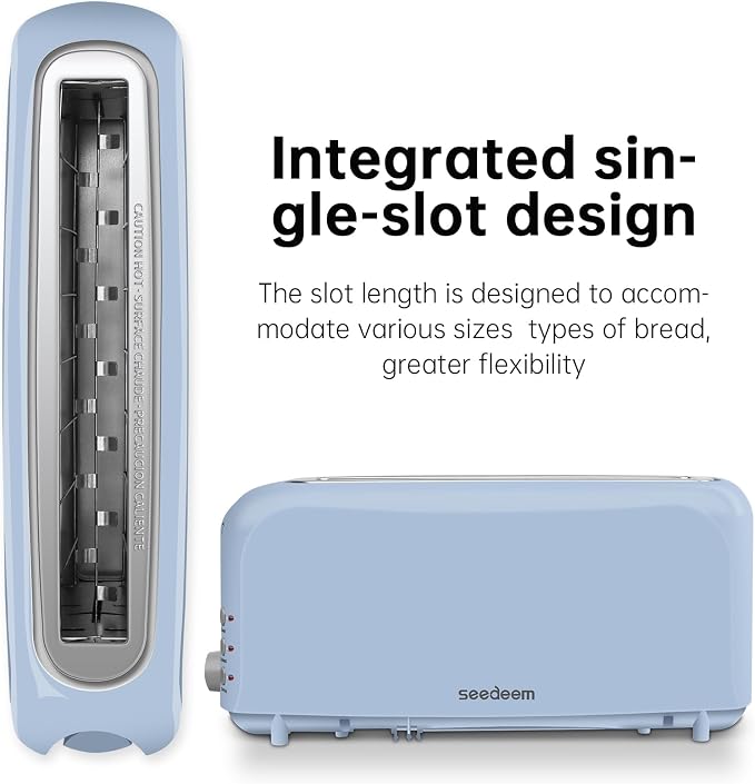 SEEDEEM 2 Slice Slim Toaster, Single 10" Long Slot Toaster Fits Bagels & Artisan Bread, 6 Shade Settings, Cancel/Reheat/Defrost, Removable Crumb Tray, Auto Shut-Off, Blue