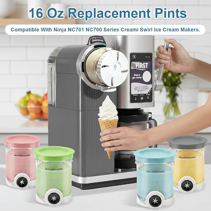 Creami Swirl Pints and Lids for Ninja, Compatible with NC700 Series, NC701, NC701C, Creami Containers for Swirl Ice Cream & Soft Serve Makers, BPA-Free & Dishwasher Safe (1Pack, Gray)