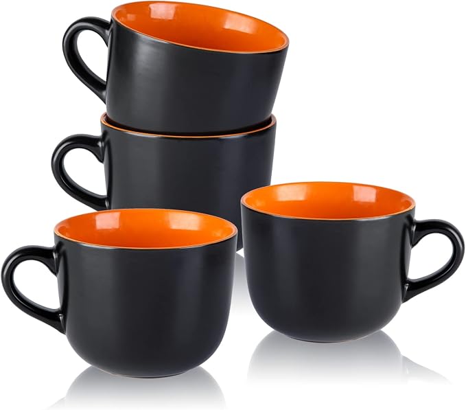 AmorArc 24 oz Soup Mugs with Handles, Jumbo Ceramic Bowls Mugs Set with handles for Coffee Cereal Cappuccino Snacks, Microwave&Dishwasher safe Soup Cups for Meal-Orange