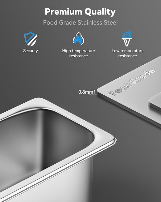 ZeroPone 8 Pack Hotel Pans with Lids, 1/4 Size 6" Deep Stainless Steel Steam Table Pan 22 Gauge Anti Jam Commercial Catering Food Pans for Hotel, Home, Party, Restaurant, Buffet