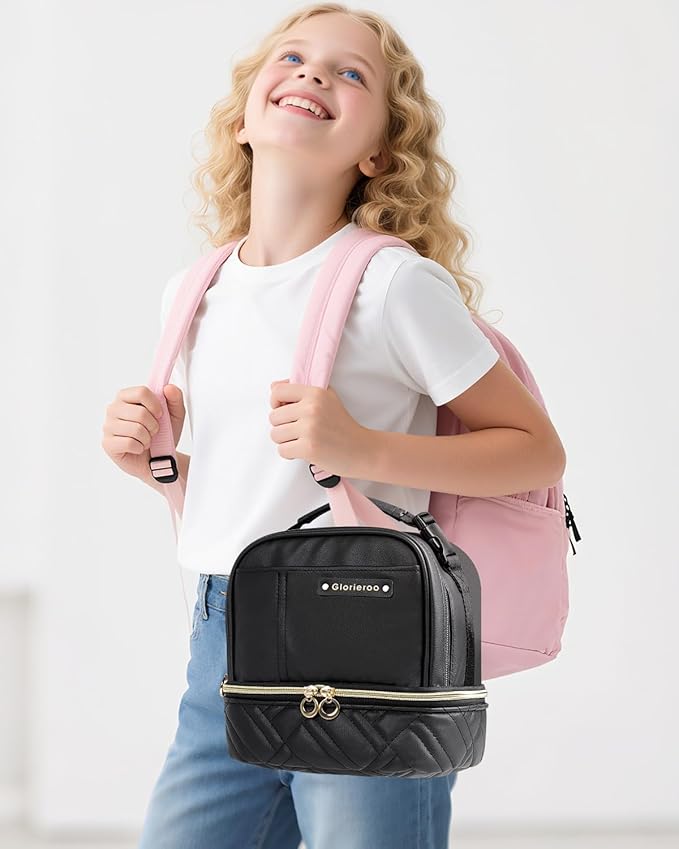 Double Deck Lunch Box Bag Women - Vegan Leather Insulated Waterproof Leakproof Cooler for Work Travel Picnics - Teacher Mothers Day Christmas Birthday Gifts