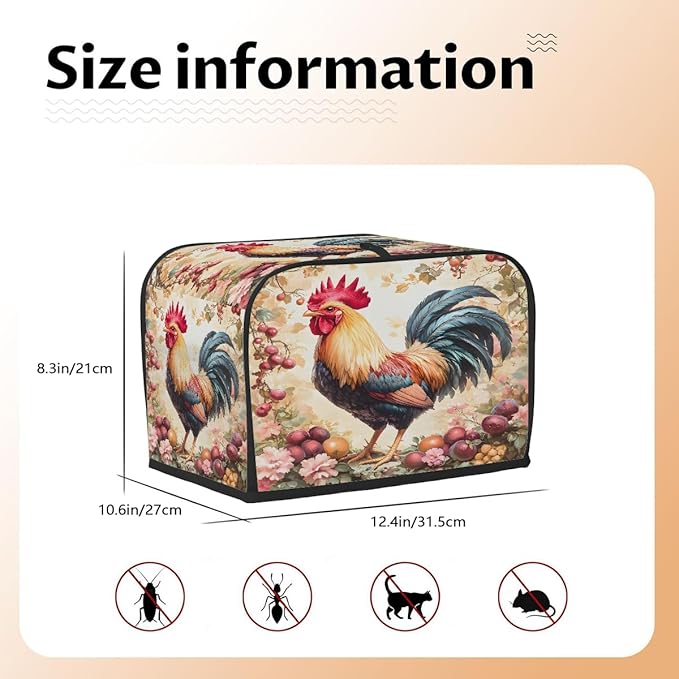 Rooster Flower Animal Toaster Cover 4 Slice Dust and Fingerprint Protection Toaster Bread Maker Covers Washable Kitchen Small Appliance Covers for Kitchen Accessories Decor Bakeware Women Gift