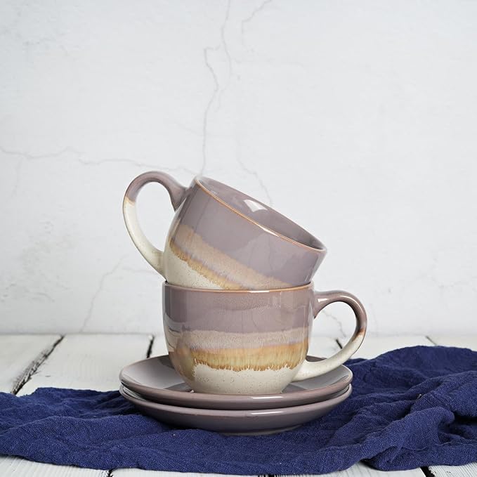 Bosmarlin Ceramic Cappuccino Cup and Saucer Set of 2, 10 Oz, Coffee Cups for Latte, Espresso, Tea, Dishwasher and Microwave Safe (Purple)