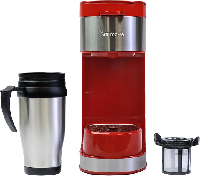 Kenmore Single Serve Coffee Maker – Compatible with Keurig K‑Cup Pods & Ground Coffee, One Cup Brewer, 6–12 Oz Brew Sizes, Travel Mug Friendly, Auto Shut‑Off, Hot & Iced Maquina de cafe, Red