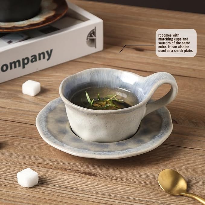 Japanese Raku Porcelain Ceramic Coffee Mug Set 5.4 fl oz with Saucer & Spoon - Handmade Modern Tea Cups for Espresso, Latte, Cappuccino - 2 Color (White&Blue, Brown&Yellow) (brown + yellow)