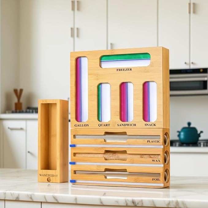 9-in-1 bamboo storage bag rack with cutter, suitable for kitchen drawer and wall storage, compatible with gallons, quarts, aluminum foil and cling film, sandwich, snack Bags