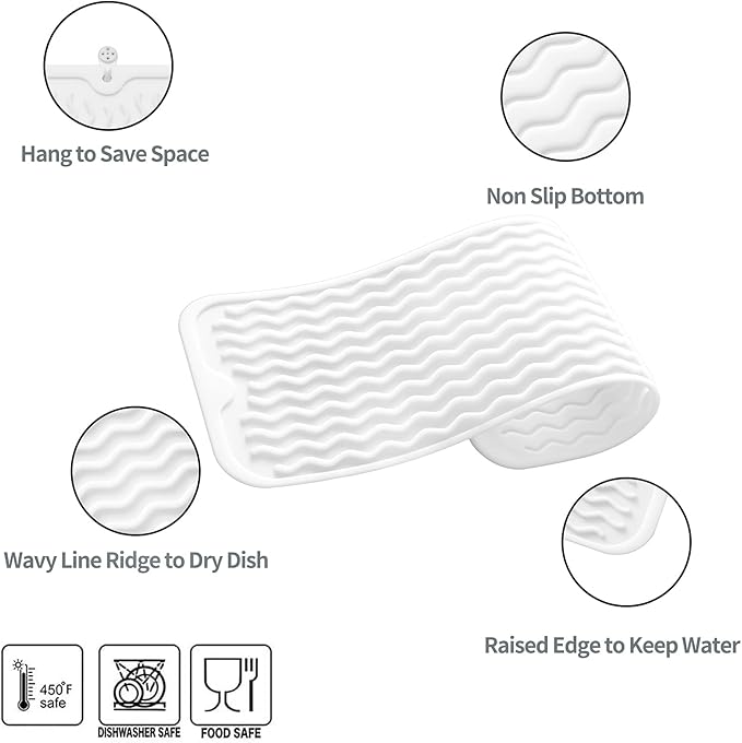 MicoYang Silicone Dish Drying Mat for Multiple Usage,Easy clean,Eco-friendly,Heat-resistant Silicone Mat for Kitchen Counter,Sink,Bar,Bottle,or Cup White M 17 inches x 6 inches