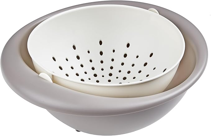 VECELO 2 In 1 Colander Strainer with Bowl Set, Fruit Vegetable Washing Colanders & Food Strainers, Heat-Resisted, Double Layer Colander for Kitchen for Pasta, Berry, Salads, Grey
