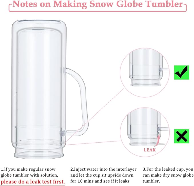 20 Oz Double Wall Acrylic Snowglobe Cups with Handle, 8 Pack Clear Plastic Mason Jar Snowglobe Tumbler with Pre Drilled Hole and Plug for DIY Glitter Gifts (Clear)