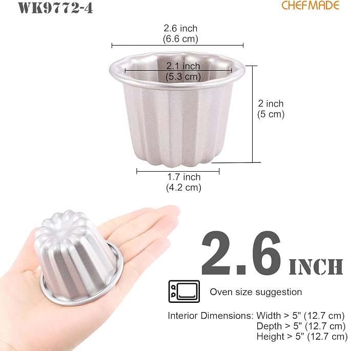 CHEFMADE Canele Mold Cake Pan, 2.6-Inch 4Pcs Non-Stick Canele Muffin Bakeware Cupcake Pan for Oven Baking (Champagne Gold)