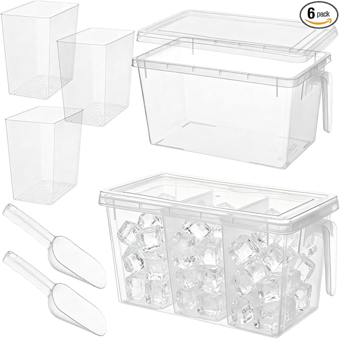CIEOVO 2 Set 3 Divided Ice Bin for Freezer with Lid and 2 Scoop Set Plastic Freezer Ice Bin with Pull-Out Handle Clear Storage Bucket Kitchen Food Storage Organizer for Home Office Fridge Kitchen