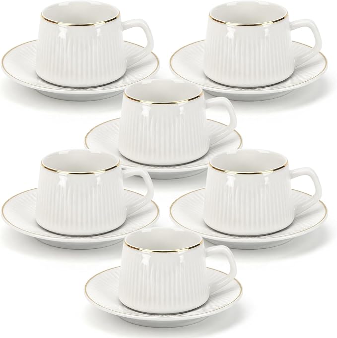 Espresso Cups Set of 6 with Saucers, 3.5oz Ceramic Demitasse Coffee Cups with Handles, White Porcelain Espresso Mug Set with Gold Trim, Microwave & Dishwasher Safe