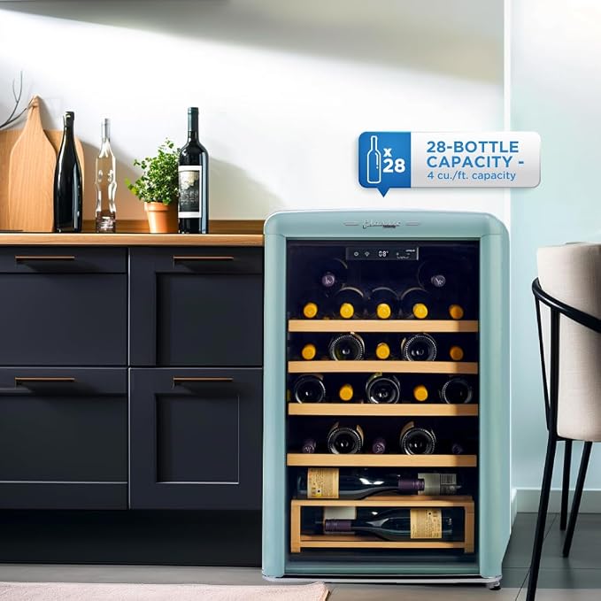 Unique Appliances Classic Retro Electric Wine Cooler, 28-Bottle Wine Fridge with Adjustable Wooden Shelves and Intuitive Digital Control Panel, Single Zone, 21", Ocean Mist Turquoise