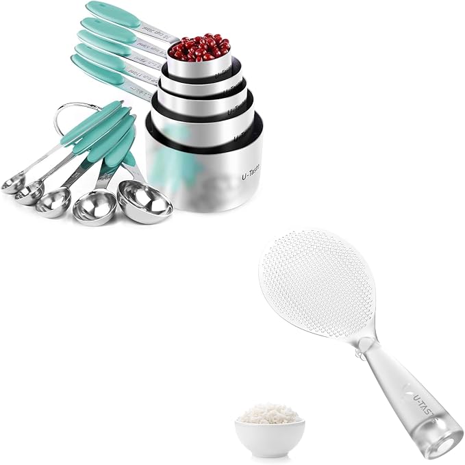 U-Taste 18/8 Stainless Steel Measuring Cups and Spoons Set of 10 (Aqua Sky) and 329°F Heat Resistant Rice Spoon Paddle Scooper (Transparent)