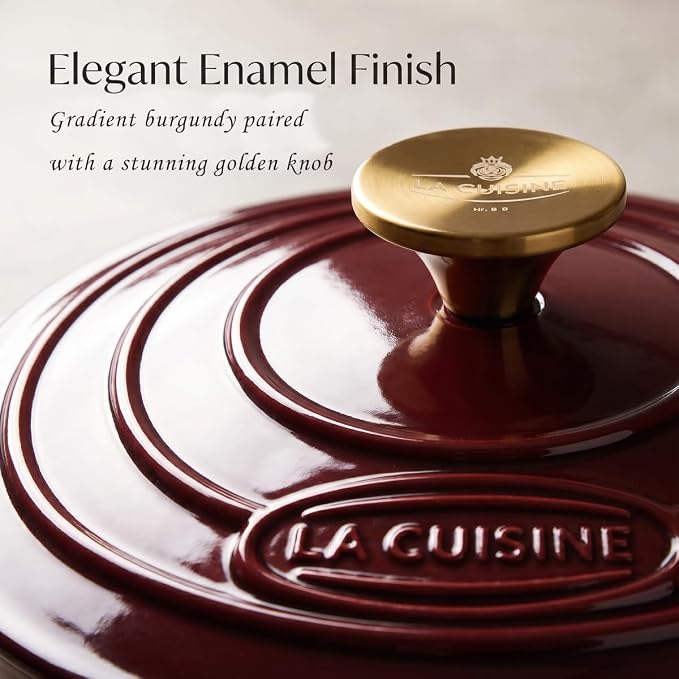 La Cuisine Enameled Cast Iron Dutch Oven Casserole Pot with Lid 6.5 QT 11" /28cm Dia. Internal Matt Black Enamel Coating Gold-Plated SS Lid Handle Oven Safe up to 500° F for bread baking, Cranberry