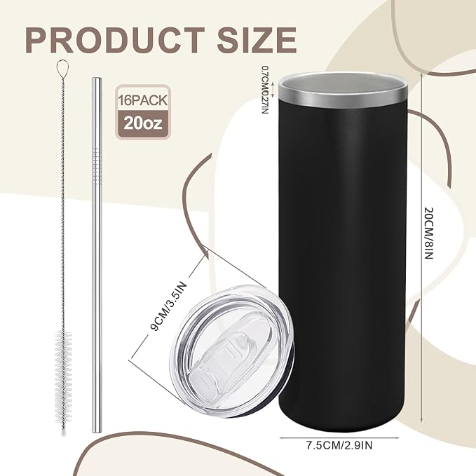 YOUKE OLA 16 Pack Stainless Steel Skinny Tumblers Bulk Straight Double Wall Powder Coated Insulated Tumbler with Lid and Straw for Laser Engrave, DIY Gift, 20oz Black