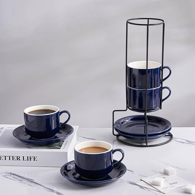 YOLIFE 8oz Porcelain Stackable Cappuccino Cups with Saucers and Metal Stand Set of 4, Coffee cups for Espresso, Specialty Coffee Drinks, Latte, Americano and Tea - Blue