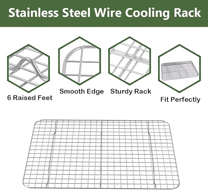 ROTTAY Baking Sheet, Half Sheet Pan with Cooling Rack Set [2 Pans + 2 Racks], Stainless Steel Baking Pan for Oven, Warp Resistant & Heavy Duty & Rust Free, Size 18 x 12 x 1 Inches