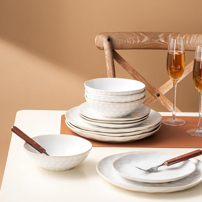 Porcelain Dinnerware Set for 4, 12-Piece Plates and Bowls Set for 4, Modern Stoneware Dinnerware Chip and Scratch Resistant, Microwave and Dishwasher Safe (White)