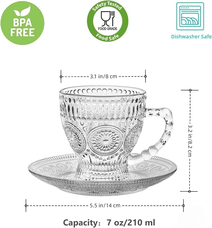 cosnou Vintage Glass Tea Cups with Saucers, Glass Mugs 7 Oz Set of 6 Espresso Coffee Embossed Glassware with Handle, for Cappuccino, Latte, Cereal, Yogurt, Beverage Hot/Cold, Milk…