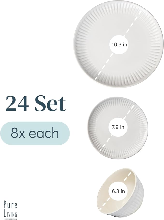 Stoneware Dinnerware Set for 8 People HYGGE 24-Piece - Elegant Scandi Design - Premium Dish Set - Bowl and Plate Set - Tableware for 8 People in a Ribbed Design - Pure Living in White