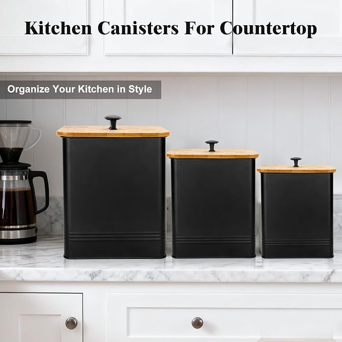 Kitchen Canisters Set of 3, Metal Flour Sugar Storage Containers with Airtight Lids-Canisters Sets for Kitchen with Customizable Chalkboard Labels & Marker Pen-Spice, Coffee Storage Jars(Black)
