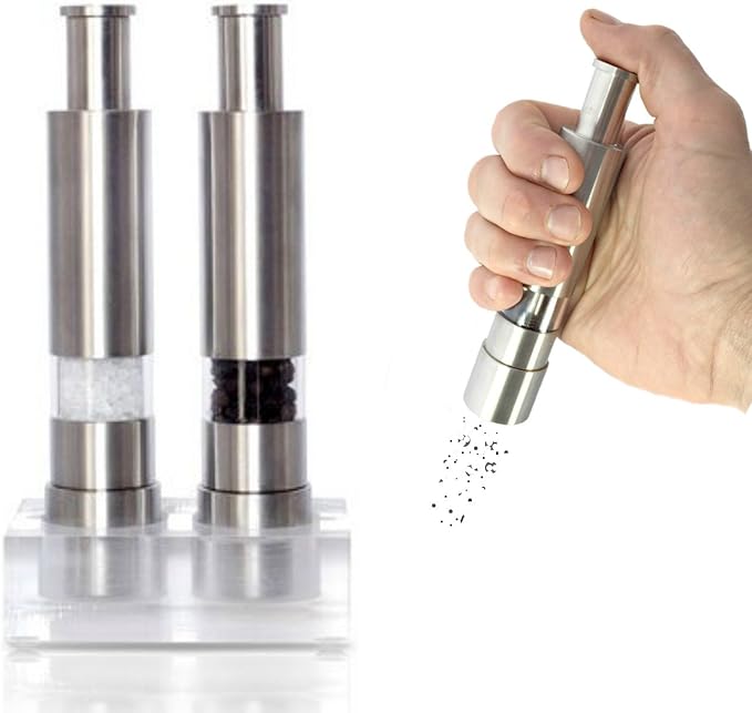 Grind Gourmet Salt and Pepper Grinder Set, Original Pump & Grind Peppermill are Refillable, Modern Thumb Press Grinder, Works With Black Pepper, Sea Salt, Himalayan Salts, Stand Included