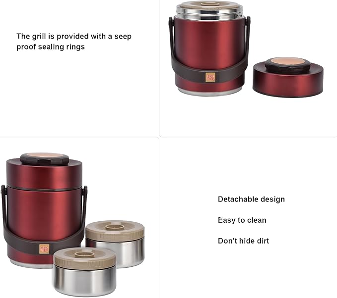 1.5L Bento Box, High Capacity Stainless Steel Portable Bento Box, Hot Food Thermos, Adults Lunch Thermos, 3 Layer Sealed Stackable Food, for Outdoor Office(Red)