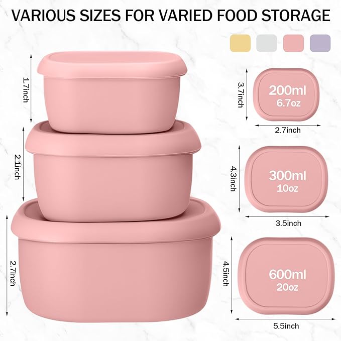Blushtier 12 Pcs Silicone Food Storage Containers with Lids Reusable Silicone Snack Container 3 Size Lunch Box Bento with Lids Freezer Dishwasher Safe,6.7oz, 10oz, 20oz (Macaroon Color)