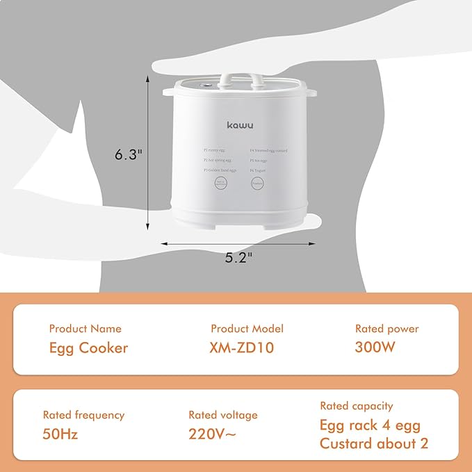 Kawu Egg Cooker, 6-in-1 Electric Rapid Egg Poacher for Hard Boiled Eggs, Yogurt, Custard, 12H Delay Start & Auto Off, Portable Breakfast Maker with Stainless Steel Bowl, 4 Eggs
