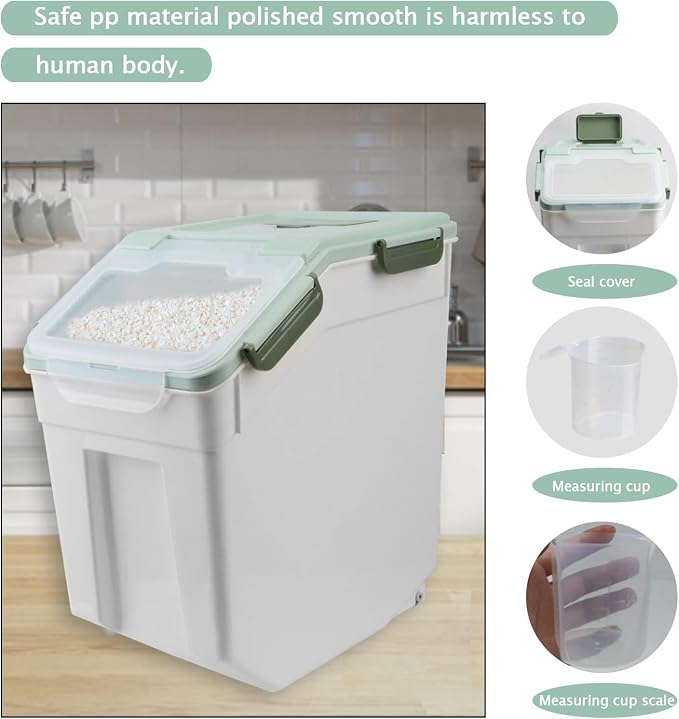 25LB Large Flour Storage Container Bin,Green Airtight Plastic with Wheels Seal Locking Lid Dispenser Organizer Storage Bin with Measuring Cup & Scoop for Flour, Rice, Grain，Set of 4