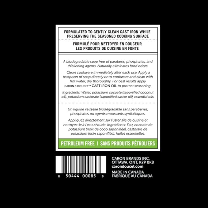 CARON & DOUCET - Cast Iron Cleaning Soap | 100% Plant-Based Soap | Best for Cleaning, Restoring, Removing Rust and Care Before Seasoning | For Skillets, Pans & Cast Iron Cookware… (8 oz)