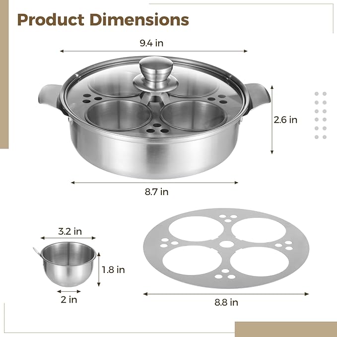 Stainless Steel Egg Poacher Pan - 4-Cup Nonstick Poached Egg Maker with Glass Lid, PFOA Free, Induction Cooktop Compatible for Breakfast Brunch, 8.7×2.6"