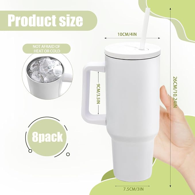 YOUKE OLA 8 Pack Sublimation Tumblers 40oz with Handle and Straw Lid Blanks Stainless Steel Insulated Large Tumbler Bulk Coffee Travel Cups for Tumbler Heat Press Sublimation Oven Printing, White