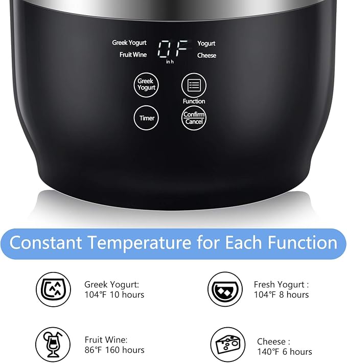 Bear Yogurt Maker, Greek Yogurt Maker Machine with Strainer and Timer Control, Stainless Steel Inner Pot, Automatic Digital with 2 Glass Jars 1 Quart for Home Organic Yogurt, Cheese, Fruit Wine