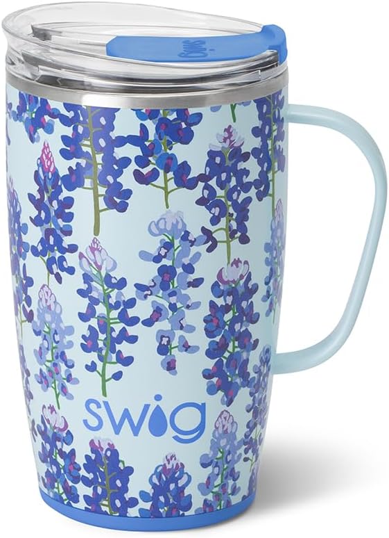 Swig Life 18oz Travel Mug, Insulated Tumbler with Handle and Lid, Cup Holder Friendly, Dishwasher Safe, Stainless Steel, Travel Coffee Cup (Bluebonnet)