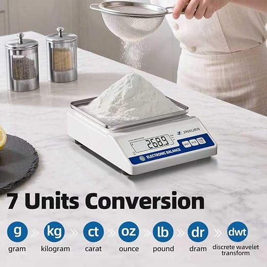 Digital Lab Scale 0.01g Accuracy 5000g Analytical Balance Scale Precision Scale for Weighing Gold Silver Jewelry Diamond Powder Grain Food, Electronic Gram Scale with 500g Weight, LCD Display, 7units