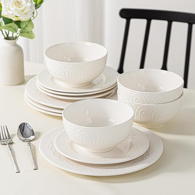 12-Piece Ceramic Dinnerware Set for 4, Athens Palace Relief Dishes and Plates Sets, Includes Plates and Bowls, Elegant High-Temperature Reinforced Porcelain, White