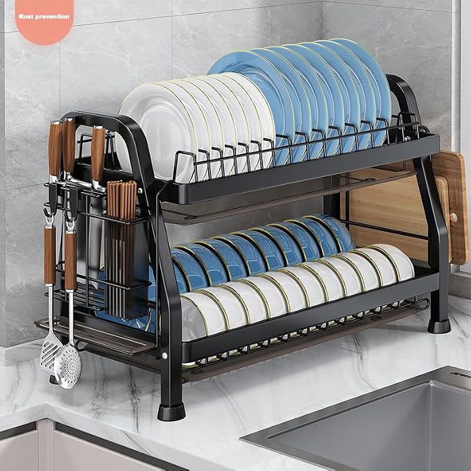 LMingKun Over The Sink Dish Drying Rack,Dish Rack, Dish Dryer Rack, Dish Drain, Black Dish Drying Rack,Snap-On Design 2-3 Tier Small Dish Rack Stainless Steel (20.9''X10.2''X24.8'')