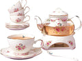 Jusalpha® Vintage Porcelain Flower Series Tea Sets, Tea Cup Saucer Set with Teapot Warmer- Filter and Spoon, 16pcs in 1 set (16pcs set)