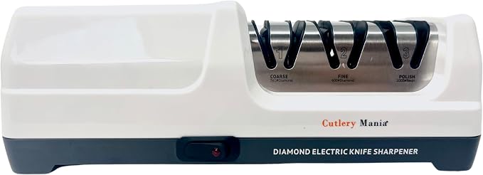 Simple Sharp Professional Electric Knife Sharpener | 3 Stage Precision Sharpening System for Straight and Serrated Blades with Diamond Abrasives | Effortless Precision Sharpening (White)
