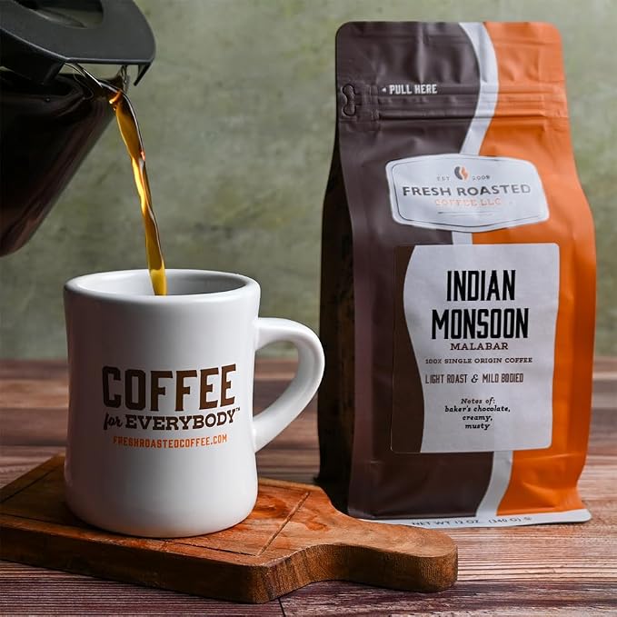 Fresh Roasted Coffee, Indian Monsoon Malabar Whole Bean Coffee, Light Roast, Kosher, 12 oz
