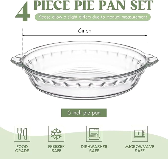Uiifan 4 Pack 6 Inches Mini Glass Pie Pan for Baking 11.6 oz Clear Pie Plate with Handles Round Glass Dish for Baking and Serving, Snacks, Salads, Desserts