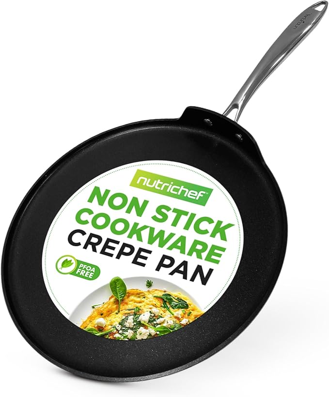 NutriChef 12 Inch Crepe Pan Non Stick, Ideal for Pancakes, Dosa, Chapati & Tortillas, Hard-Anodized, Dishwasher Safe